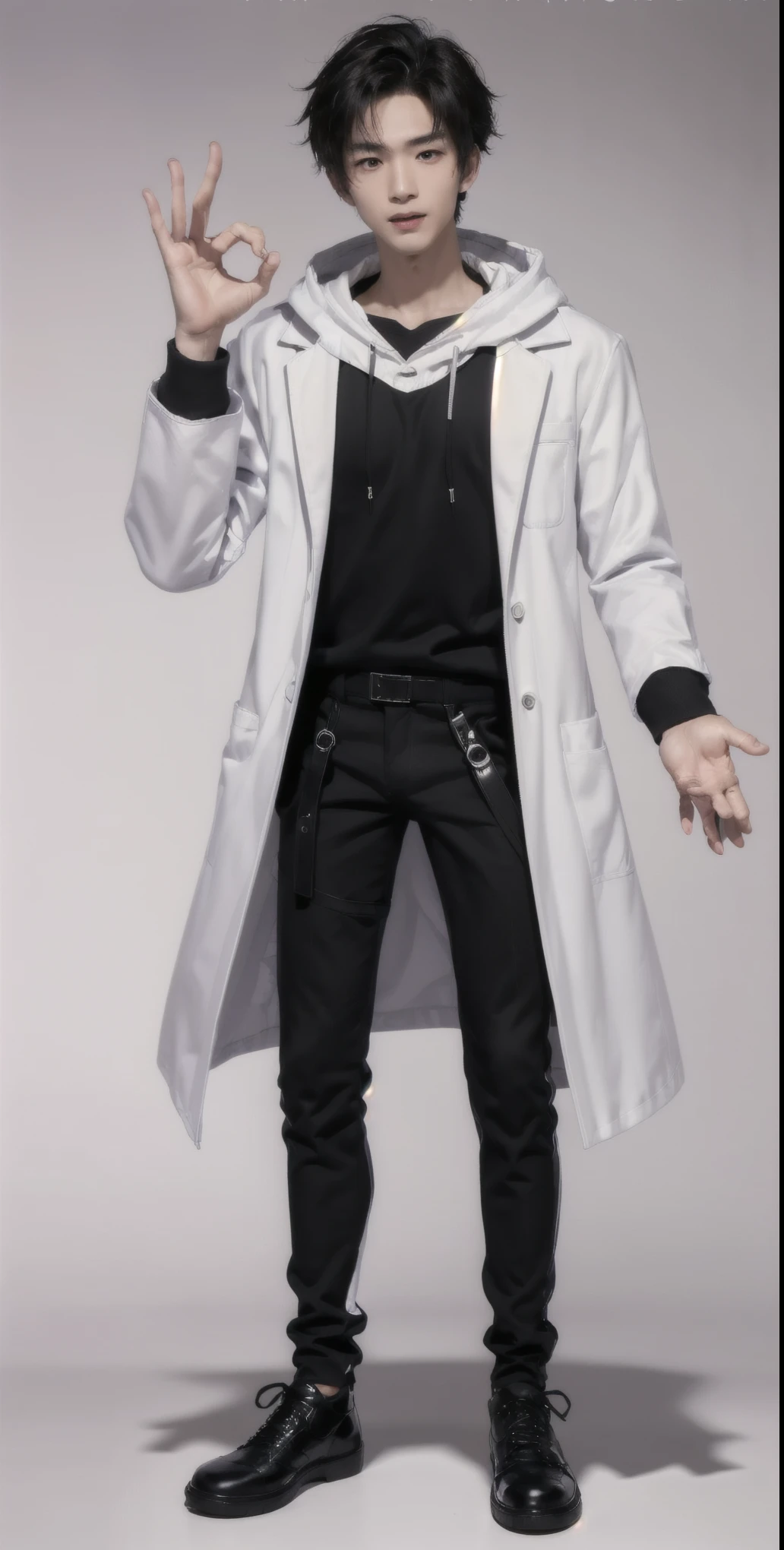 (OK Sign.:1.3),(photorealistic:1.2), (high detail face:1.3), (high detail hands:1.3), (anatomically correct hands:1.2), handsome young asian man, Japanese idol style, short clean-cut hair, ((center part)), (crisp white lab coat:1.3), ((black hoodie underneath:1.2)), (black pants:1.2), (black shoes:1.2), (enthusiastic expression:1.3), ((explain pose:1.4)), (both arms raised:1.3), (clenched fists:1.3), (energetic stance:1.2), plain white background, mid-shot portrait, full body view, high quality, detailed, 8K, (realistic skin texture:1.2), (sharp focus:1.1), (contrast between white coat and black clothing:1.2)