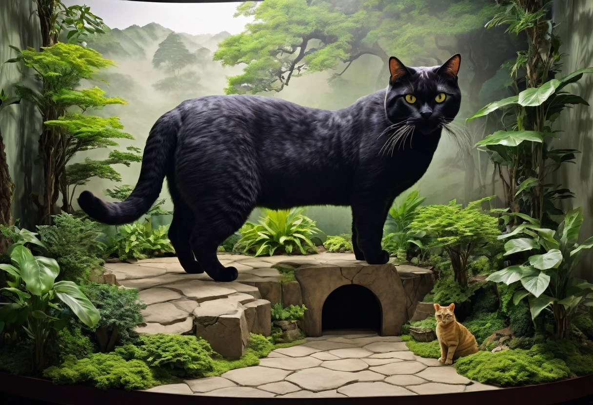 (Giant looking cat), A composition in which a giant cat blends in as part of the diorama。The cat&#39;s fur and body parts look like they&#39;re part of a diorama.、It gives a sense of unity。Gives the whole piece a fantastical and dreamy feel。