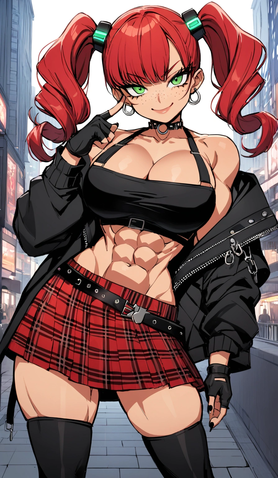 woman, smug smile, curly red hair in pig tails, green eyes, eye shadow, wearing crop top black shirt, long black jacket, red plaid skirt, (black knee high boots), black finger-less gloves, exposed shoulders, large breasts, freckles, cleavage, toned, looking at viewer, Holo-Punk Style, in the city