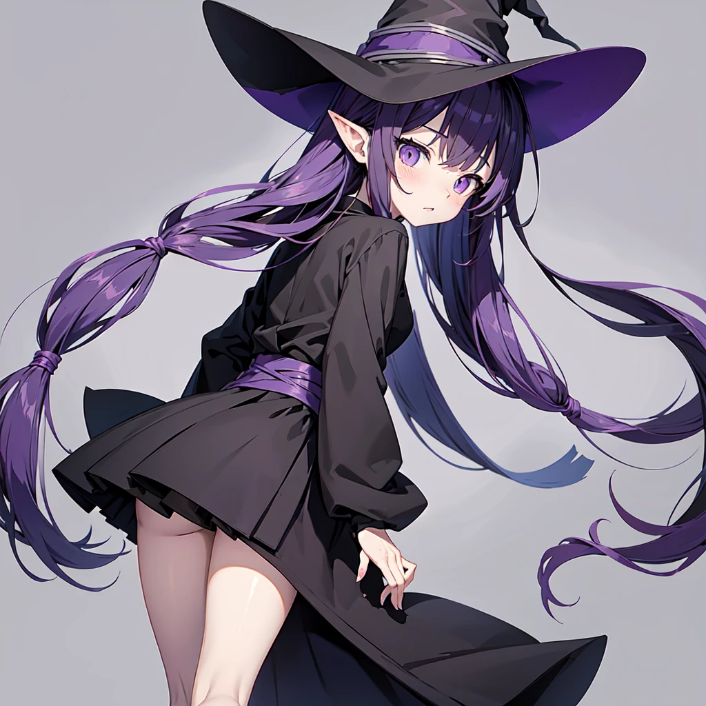 Anime girl with waist-length purple hair and black robe. Witch hat. Pointy ears. Cute as a cartoon. Back view. Full body facing backwards. The whole body is visible. Skirt is short.