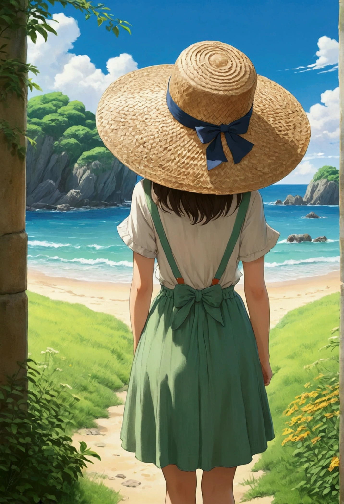 Ghibli style、girl、Back view、Straw hat