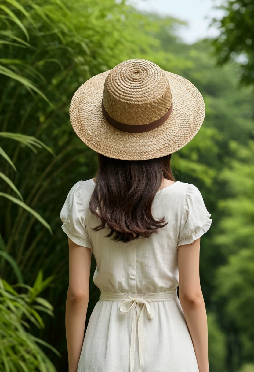 Ghibli style、girl、Back view、Straw hat