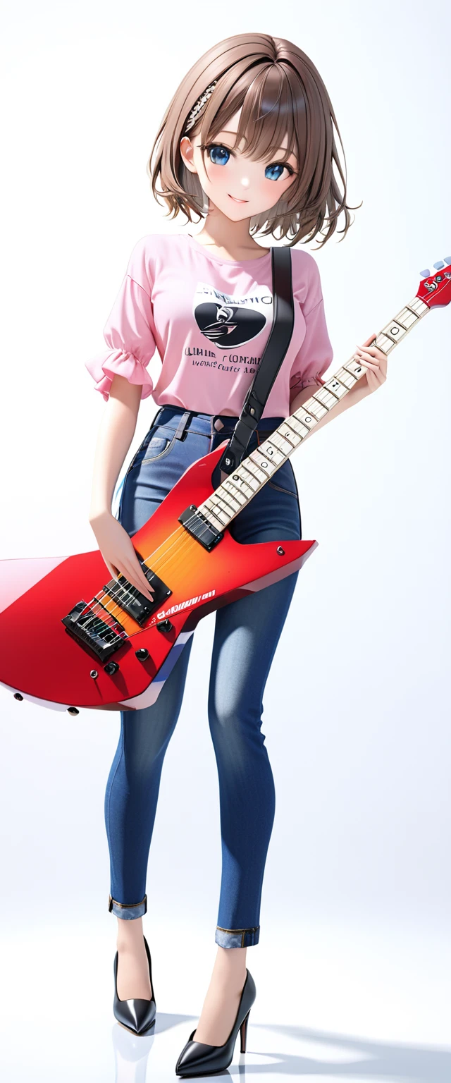 (((White background:1.5)))、(very wide shot)、(masterpiece、Ultra HD、Highest quality、Masterpiece、４K:1.2)、Slender body、Holding a white electric guitar,Scandinavian Metal Girl, A gentle gaze at the camera, Intricate details, Highly detailed eyes, Highly detailed fingers、Brown bob hair、Pink shirt and blue jeans, Wearing high heels、Intricate details、A kind smile、(((Dynamic pose:1.5)))

