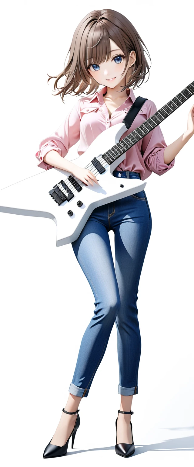 (((White background:1.5)))、(very wide shot)、(masterpiece、Ultra HD、Highest quality、Masterpiece、４K:1.2)、Slender body、Holding a white electric guitar,Scandinavian Metal Girl, A gentle gaze at the camera, Intricate details, Highly detailed eyes, Highly detailed fingers、Brown bob hair、Pink shirt and blue jeans, Wearing high heels、Intricate details、A kind smile、(((Dynamic pose:1.5)))
