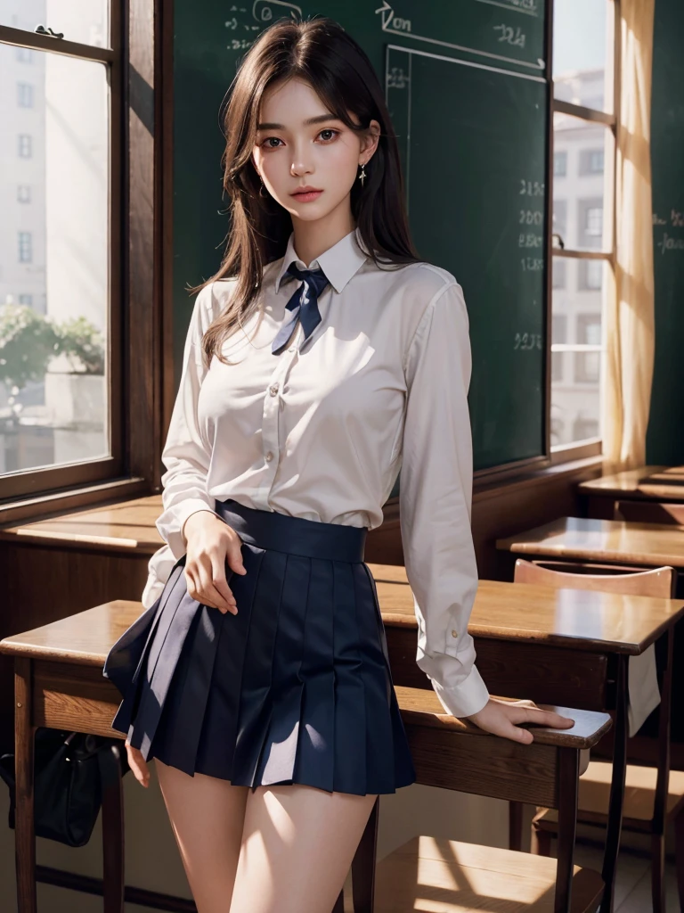 absurdres, RAW photo, extremely delicate and beautiful, masterpiece, Best Quality, ultra high resolution, 32k, hyperrealistic, ultra-detailed, perfect anatomy, super Detailed skin, perfect figure, Super Beauty, Perfect Style, Perfect balance, Beautiful Lighting, Perfect Lightning, Realistic Shadows, 20 years old, very Slim body, narrow waist, very small head, very small face, delicate facial features, handsome detailed woman, very detailed eyes and face, realistic face proportions, Realistic beautiful face, Realistic beautiful eyes, tearful mole, earring, very huge round breasts, legs, medium hair, asymmetrical hair, full_body_shot, indoor, ((school_uniform)), short skirt,