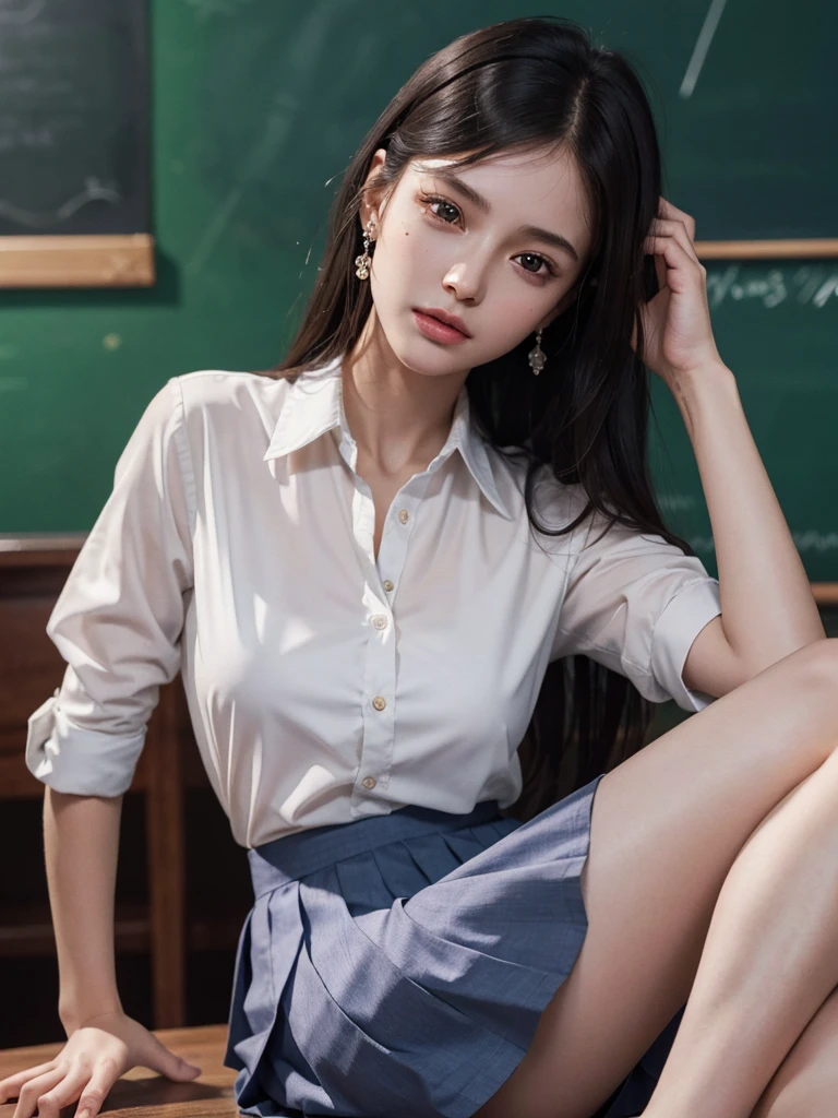 absurdres, RAW photo, extremely delicate and beautiful, masterpiece, Best Quality, ultra high resolution, 32k, hyperrealistic, ultra-detailed, perfect anatomy, super Detailed skin, perfect figure, Super Beauty, Perfect Style, Perfect balance, Beautiful Lighting, Perfect Lightning, Realistic Shadows, 20 years old, very Slim body, narrow waist, very small head, very small face, delicate facial features, handsome detailed woman, very detailed eyes and face, realistic face proportions, Realistic beautiful face, Realistic beautiful eyes, tearful mole, earring, very huge round breasts, legs, medium hair, asymmetrical hair, full_body_shot, indoor, ((school_uniform)), short skirt,