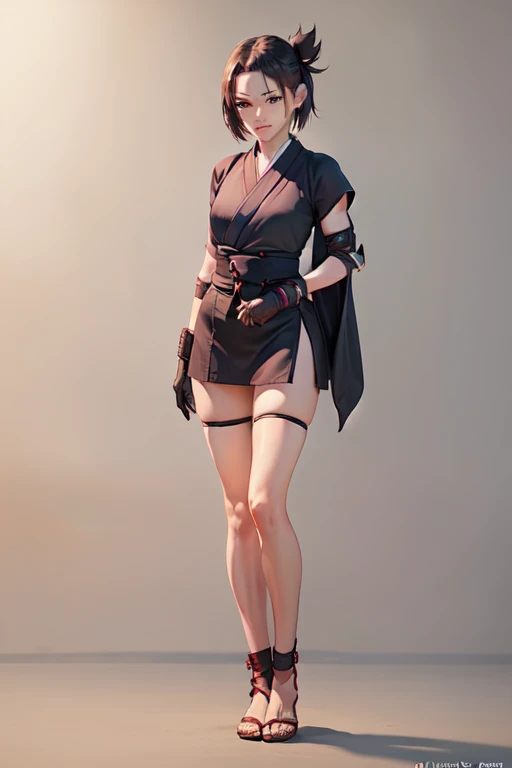 (RAW photo:1.2),(tall:1.2),(photo realistic:1.2),(masterpiece:1.2),(best quality:1.2),(full body:2), (1girl:2), (standing:2), (pupple short kimono:1.2),(black short hair:1.2),(forehead protetor:1.2),(bracer:1.2), (beauty face:1.2), (gloves:1.2), (brown thighhighs:1.2), (simple background:1.2),(knees together:2),(kunai:1.2),(kunoichi:2)