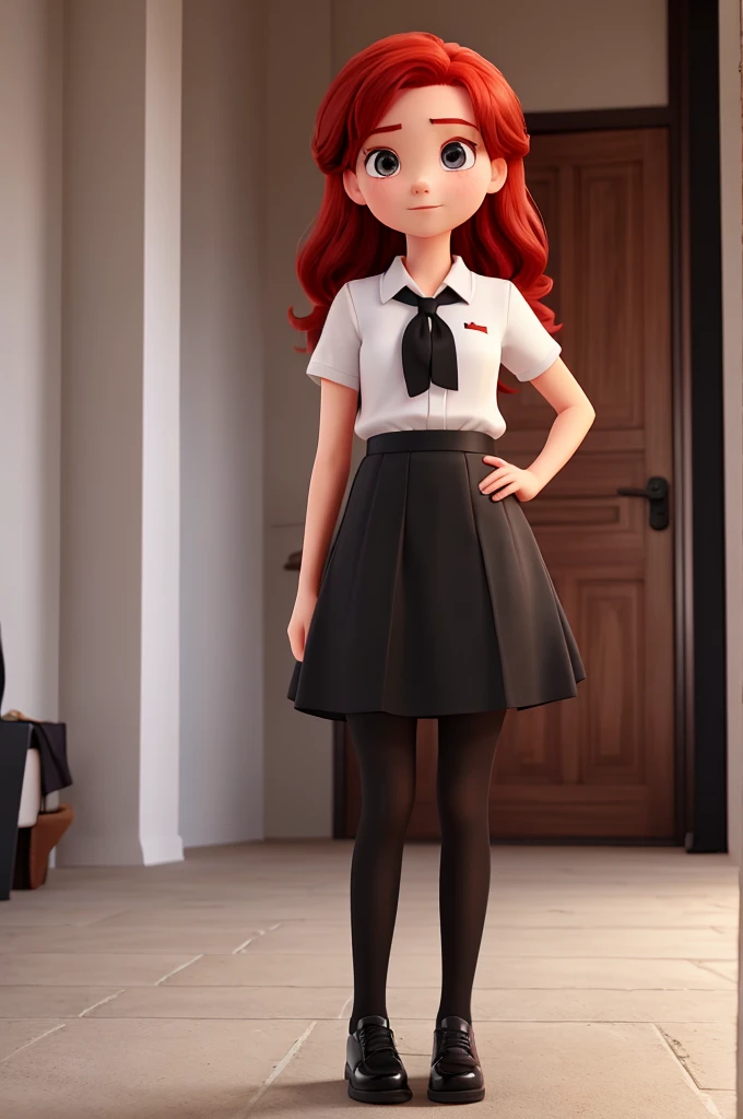 girl, teenager, red hair, white shirt, black tie, black skirt, black tights, black shoes