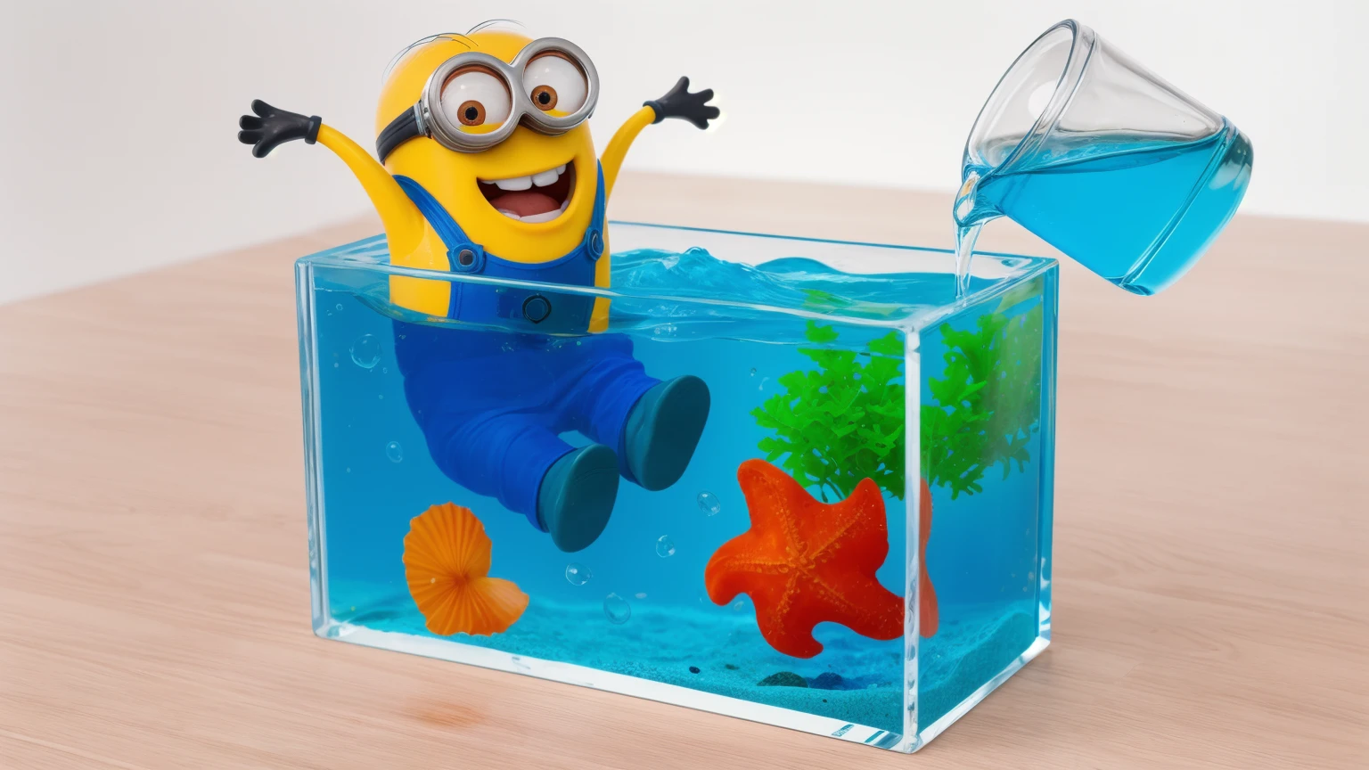 on a wooden table, there is a glass aquarium with blue water, a minion sitting in an aquarium, plastic red starfish in the aquarium, orange plastic shell and plastic green algae . water is poured from a measuring cup into an aquarium, against the background of the kitchen .beautiful lighting, Beautiful sunlight, realistic style , realistic texture, detailed texture, a high resolution, high quality, ultra hd 4k