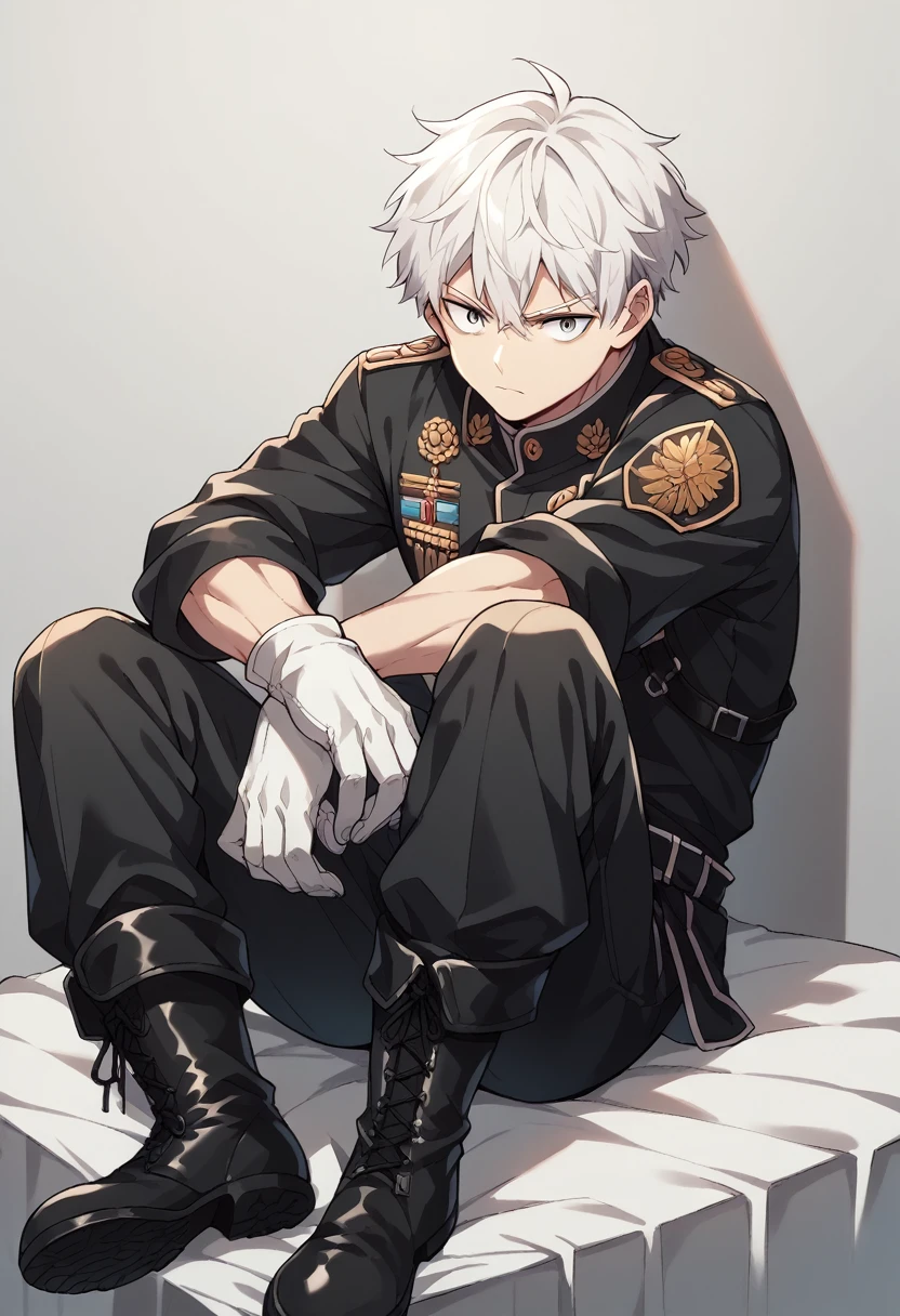 Young masculine guy with white hair and short eyes wearing a black military suit with a white shirt inside and a black tie, on his hands there are white gloves, For his feet he wears black military boots., he has a choke on his hair, Kuudere