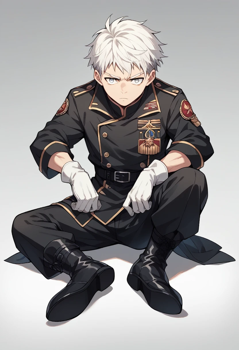 Young masculine guy with white hair and short eyes wearing a black military suit with a white shirt inside and a black tie, on his hands there are white gloves, For his feet he wears black military boots., he has a choke on his hair, Kuudere