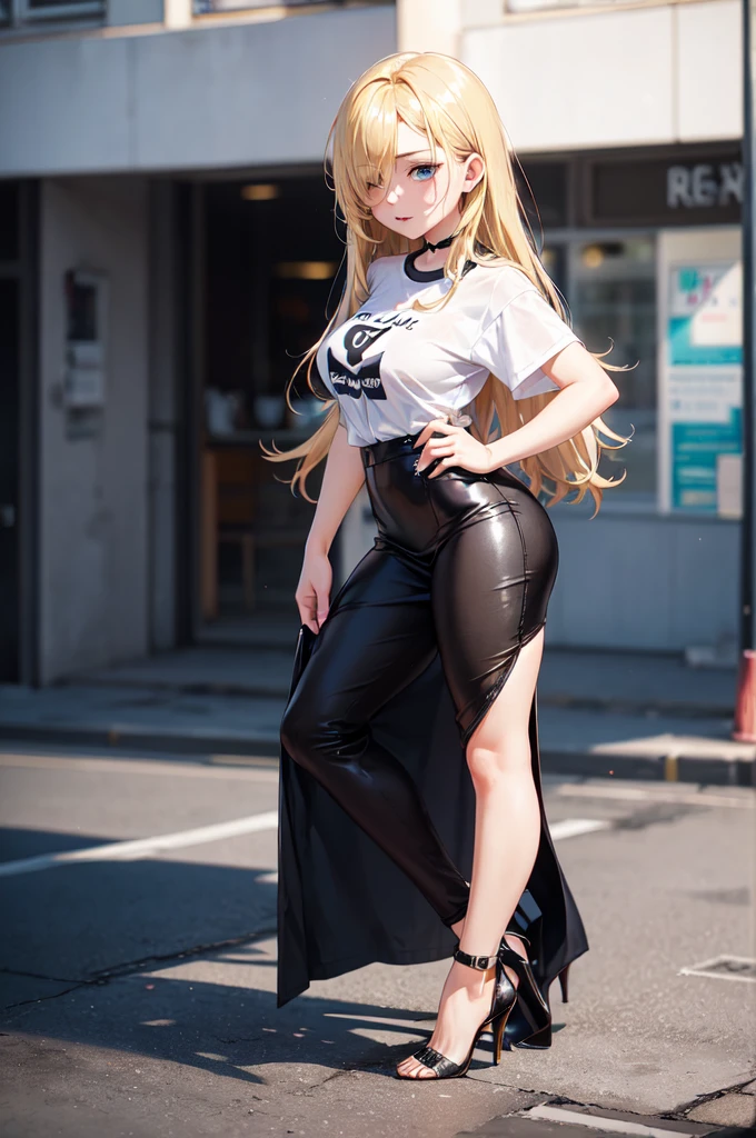 European girl portrait,alone,20-year-old,Beautiful Face,Upper Body,Hair on one eye,Medium Sidecut, Blonde, Sharp focus,Black T-shirt、Tight Skirt、(High heels:1.5)、Highest quality、masterpiece、masterpiece