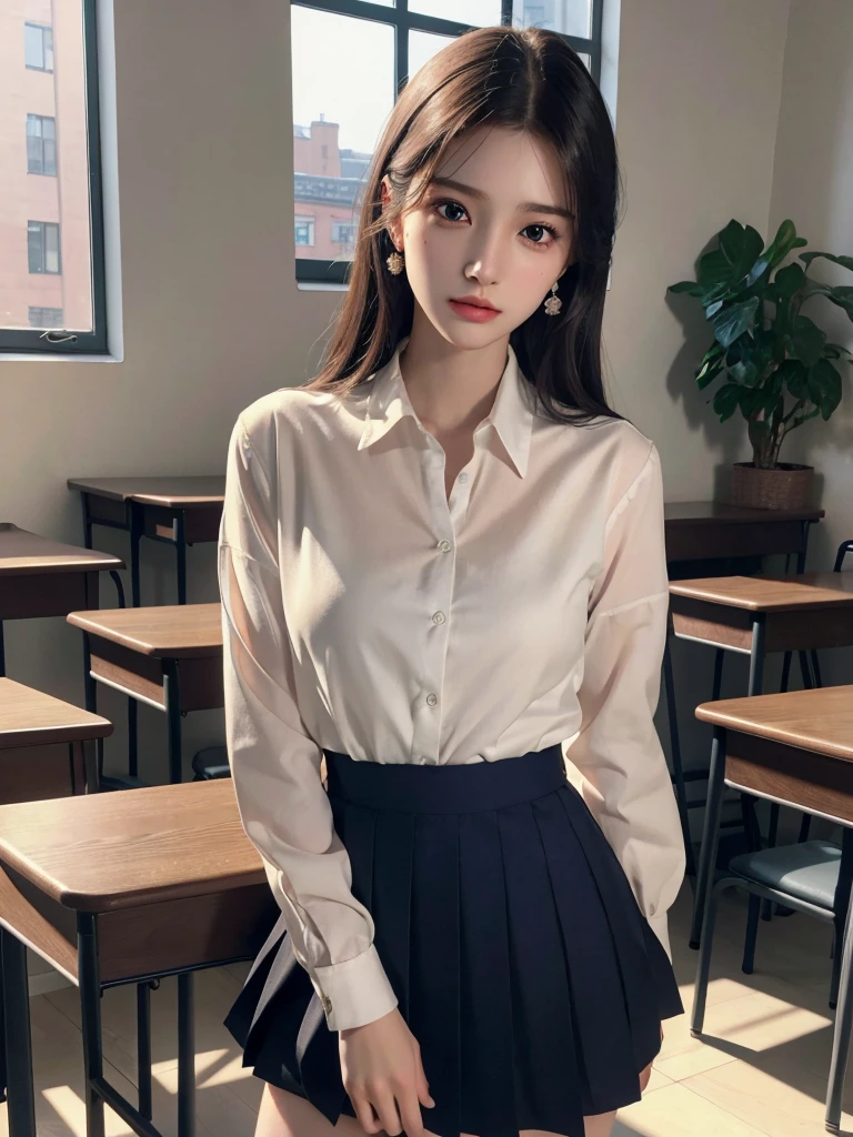 absurdres, RAW photo, extremely delicate and beautiful, masterpiece, Best Quality, ultra high resolution, 32k, hyperrealistic, ultra-detailed, perfect anatomy, super Detailed skin, perfect figure, Super Beauty, Perfect Style, Perfect balance, Beautiful Lighting, Perfect Lightning, Realistic Shadows, 20 years old, very Slim body, narrow waist, very small head, very small face, delicate facial features, handsome detailed woman, very detailed eyes and face, realistic face proportions, Realistic beautiful face, Realistic beautiful eyes, tearful mole, earring, very huge round breasts, legs, medium hair, asymmetrical hair, full_body_shot, indoor, ((school_uniform)), short skirt,