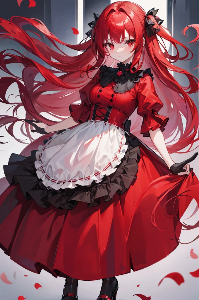 red hair, red eyes, red ruffle dress, black trim on dress, black gloves and shoes, big black ribbon above head, wavy hair