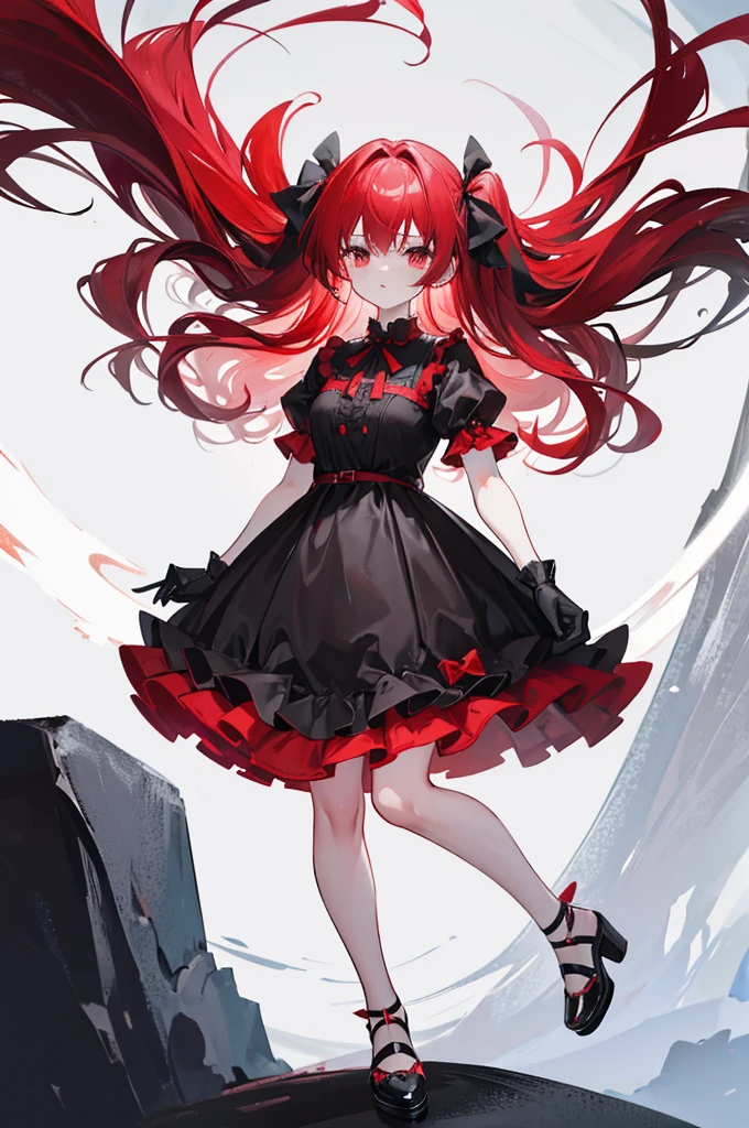 red hair, red eyes, red ruffle dress, black trim on dress, black gloves and shoes, big black ribbon above head, wavy hair