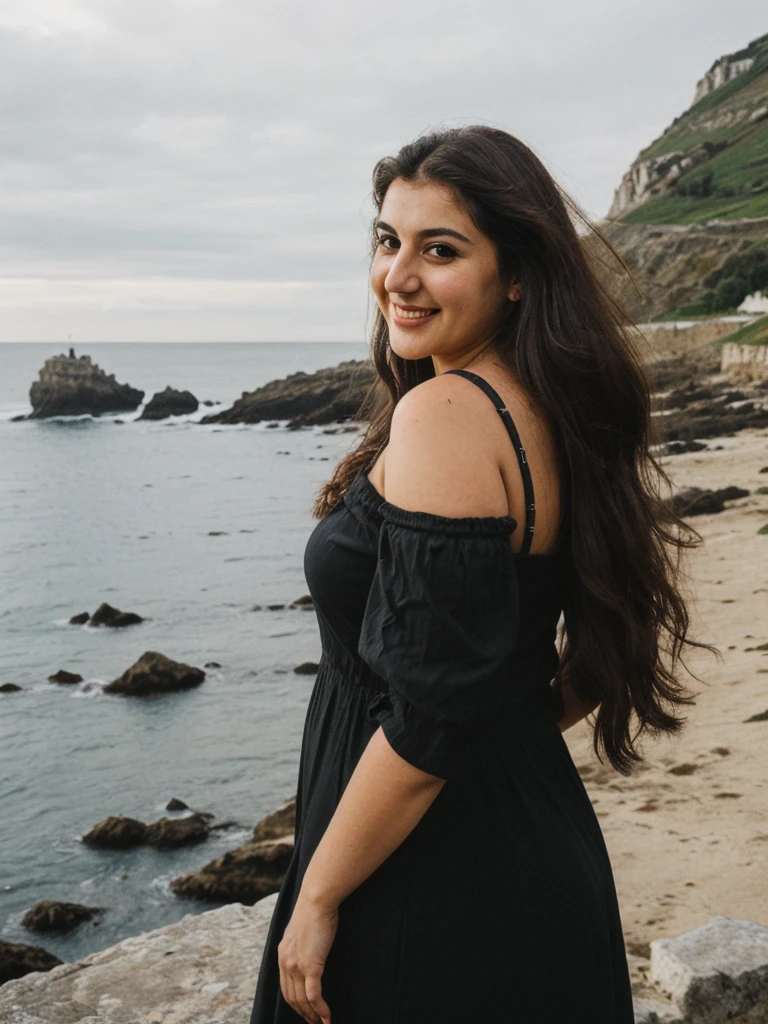 Caseyli, 1girl, solo, 30 years old, (((Georgian face))), (((Georgian nose))), (((Georgian lips))), ((((chubby)))), (((wide hips))), (dark blonde hair), wavy medium hair, wearing stylish Generation Z wear, ((Background: rugged coastline)), standing, smiling, curly