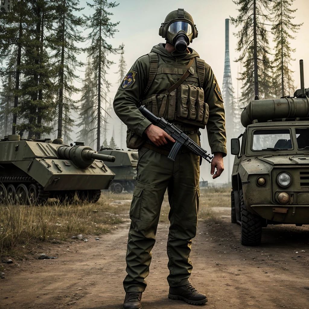 Draw me a logo of a character from the game S.T.A.L.K.E.R standing infront of Chernobyl holding a ak-74 with a GP-5 gas mask with russian vehicles behind him