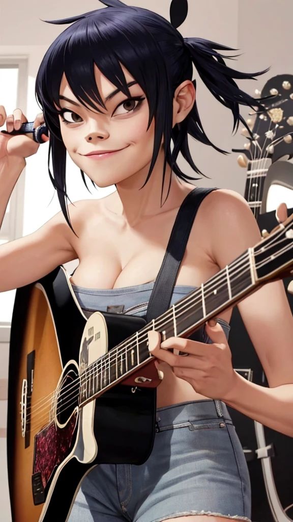 Noodle Gorillaz, sexy body, Sexy cleavage, playing guitar, smiling, closed mouth, holding, holding plectrum, instrument, Long Straight hair, music, one side up, tails, playing guiter ((masterpiece, best quality))