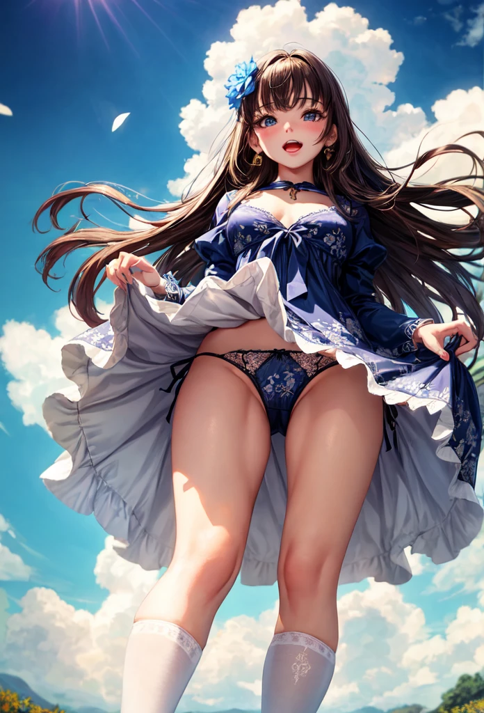 A beautiful girl wearing a navy blue dress posing for a photo, anime girl, in the park, Lolita style dress with ruffles and lace, (flower printed elegant dress skirt), low-cut chest, blue sky and white clouds, windy day, white stockings above the knee, (looking at the viewer), brown hair, bangs, swept bangs, long hair, wavy hair, shiny hair, expressive hair, hair flower, hair ribbon, jewelry, aqua eyes, glowing eyes, pupils sparkling, earrings, open mouth, blush, tongue, happy, red lips, glossy lips, upper teeth, naughty face, big rounds breasts, slim waist, beautiful and detailed legs, cute thighs, full body, well defined body, fine lace panties, (showing elegant panties:1.4), exposed panties, skirt lift, upskirt, wind blowing up dress skirt, high detail, ultra-detailed, anime, dithering, beautiful illustration, depth of field, pov, low angle, from below, perspective, panorama, game cg, NSFW, Wide-Angle, f/1.8, 85mm, Sony FE GM, 8k, super detail, UHD, retina, masterpiece, accurate, anatomically correct, textured skin, highres, 16k