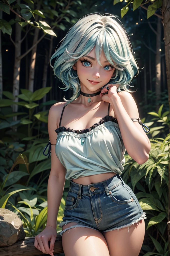 (best quality, ultra-detailed, photorealistic: 1.39), bright and vibrant colors, studio lighting, romantic expression, seductive, masterpiece, medium breasts, 1 wolf-girl sexy and cute, Sensual denim shorts, long puffy strap blouse, light and thin fabric, stylish, choker, soft makeup, beautiful lips, Beautiful light turquoise green hair hairstyle, passionate smile, (looking at viewer), walking in the forest, night, fireflies, beautiful pose, creating a dreamy and magical atmosphere