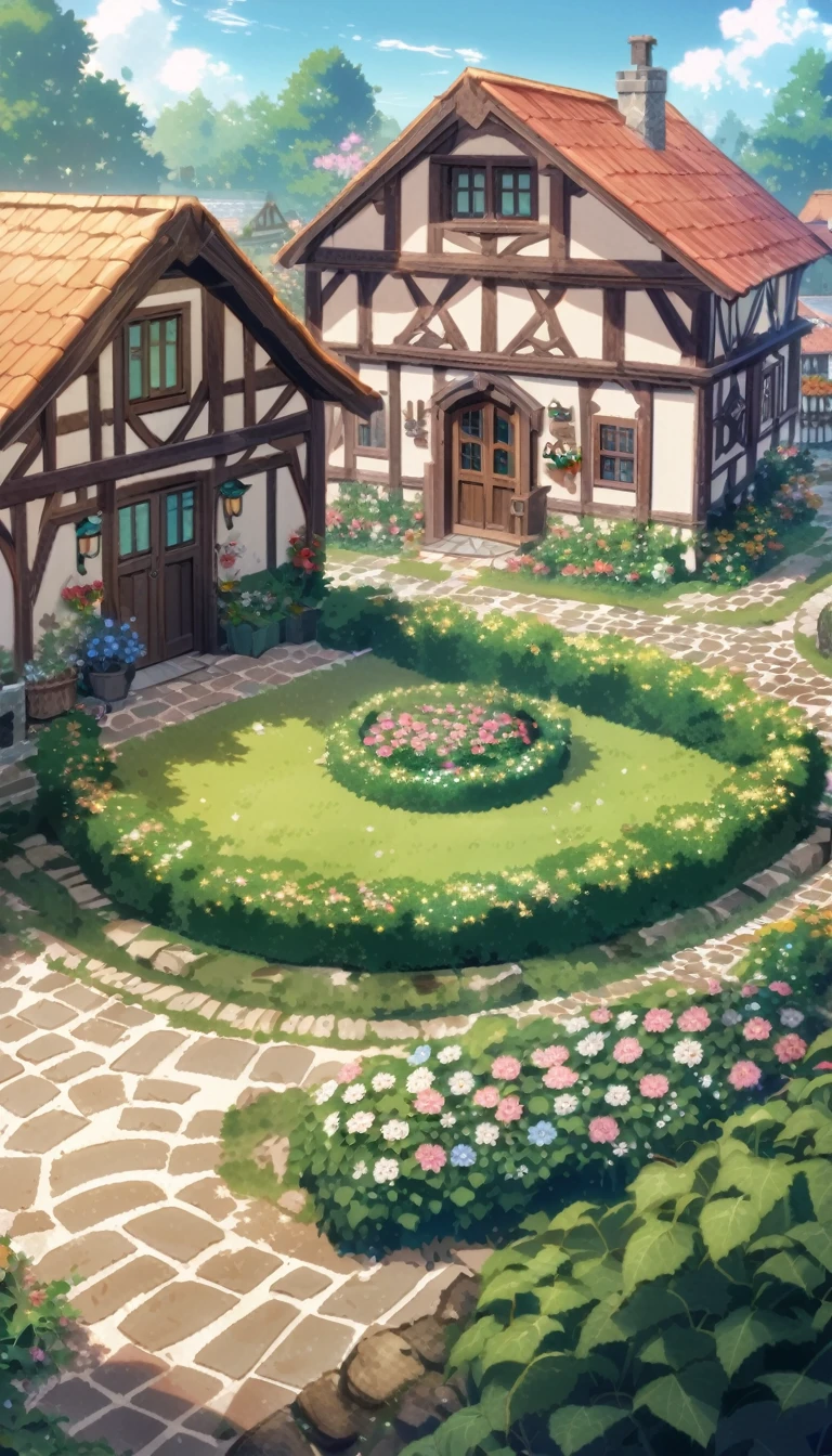 Aerial view of a charming cottage garden with blooming flowers, cobbled paths and wooden benches. In the background is a quaint cottage with ivy-covered walls. Ghibli anime style