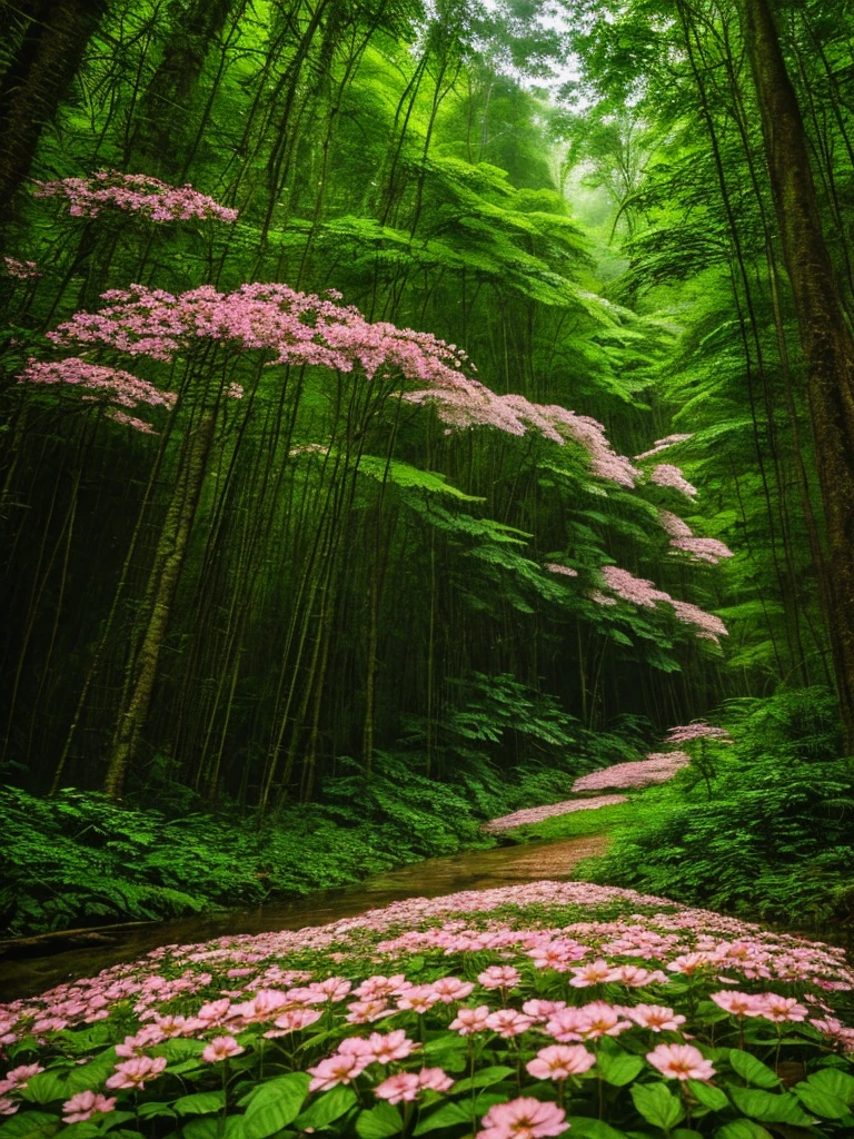 Flowers blooming in the middle of the forest, rainforest, rain