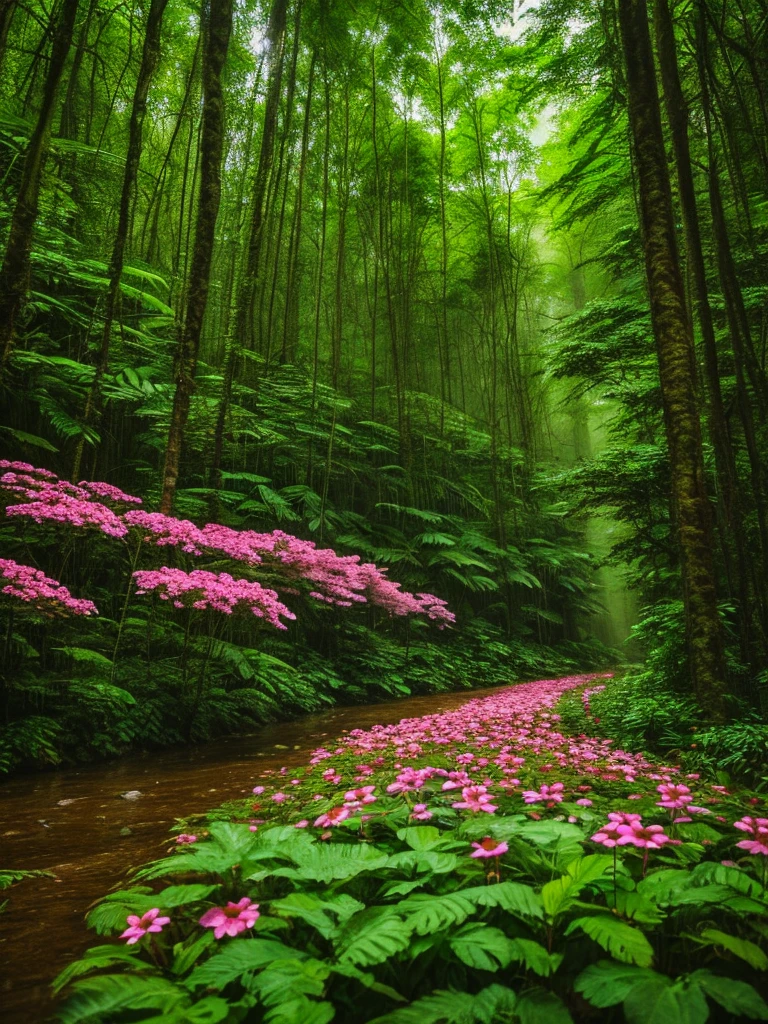 Flowers blooming in the middle of the forest, rainforest, rain