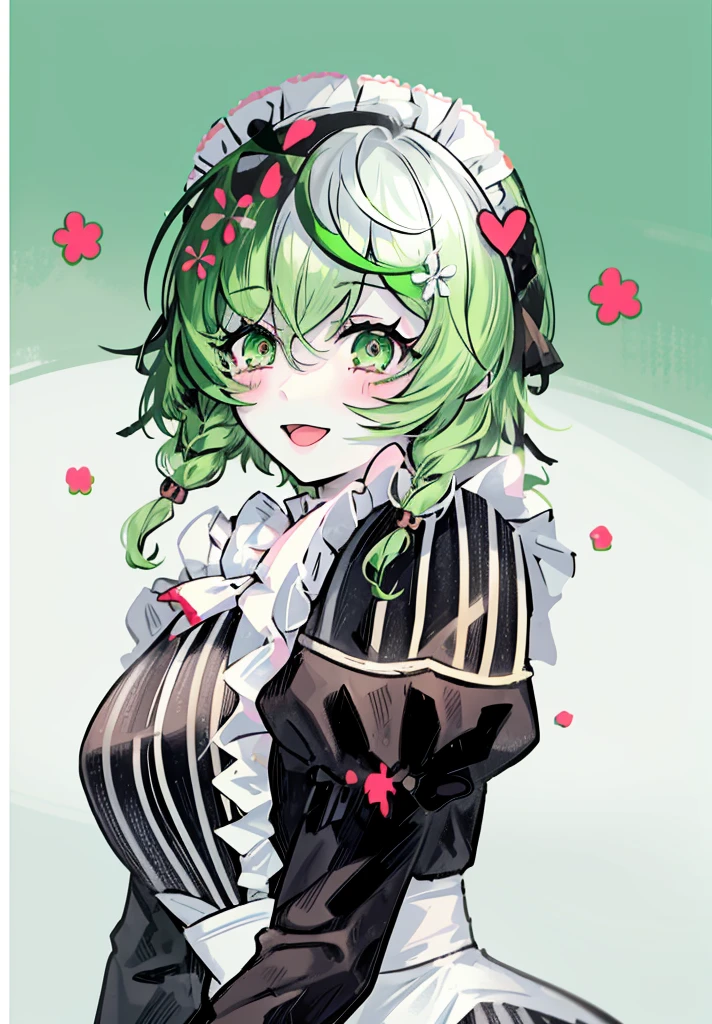 1girl ,green eyes,green hair,short maid dress ,pale skin,(high resolution, high detail, best quality),
open mouth,smile,happy, blushes, gluttonous, medium breasts