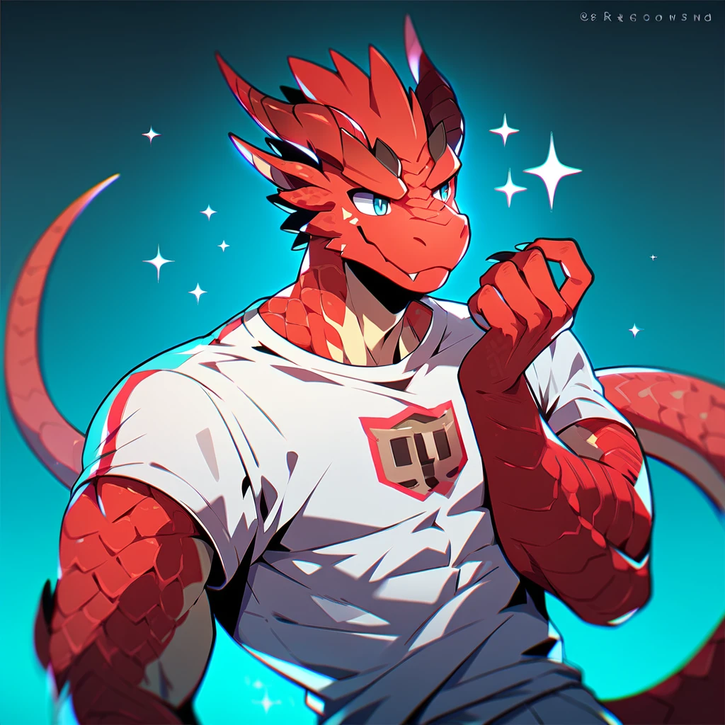 Dragonborn ,red scales, tail, muscle, handsome, Middle Ages , adventurer shirt , Fantasy ,The best aesthetics , best quality, Amazing quality, The best aesthetics