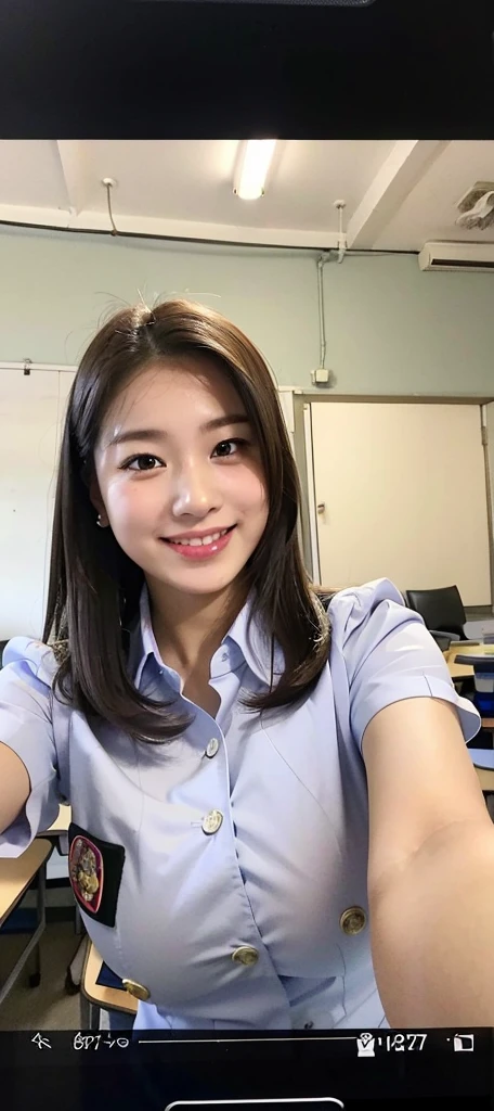 arafed woman taking a selfie with a cell phone in a classroom, 8k selfie photograph, anime thai girl, 🤤 girl portrait, wearing , selfie of a young woman, young cute wan asian face, wearing headmistress uniform, selfie shot straight on angle, with kind face, south east asian with round face, nivanh chanthara, (((((large breasts))))), smile