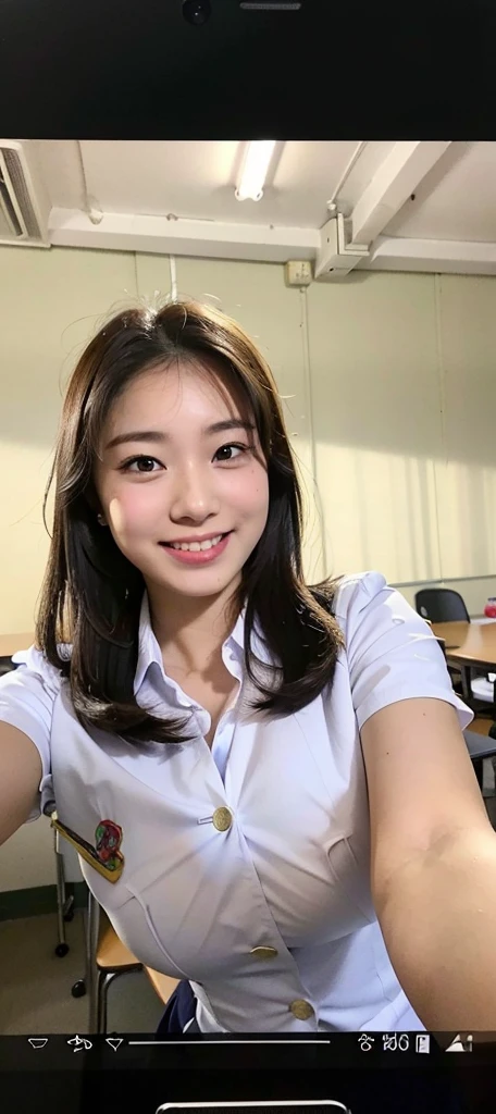 arafed woman taking a selfie with a cell phone in a classroom, 8k selfie photograph, anime thai girl, 🤤 girl portrait, wearing , selfie of a young woman, young cute wan asian face, wearing headmistress uniform, selfie shot straight on angle, with kind face, south east asian with round face, nivanh chanthara, (((((large breasts))))), smile