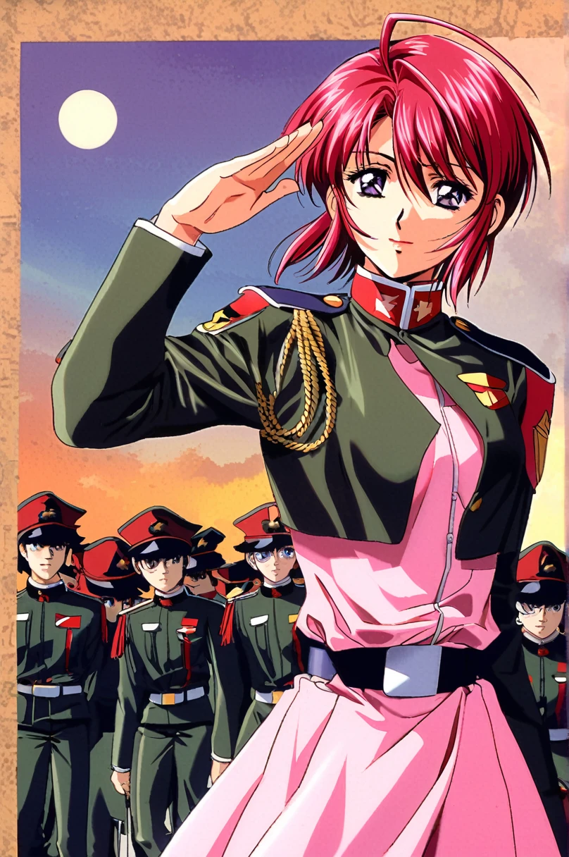 Lunamaria Hawke,One girl,alone,uniform,pink skirt,short hair,army uniform,army,skirt,Long sleeve,Ahoge,belt,Purple eyes,Pink Hair,Redhead,blue eyes,Lips parted,View your viewers,salute,A light smile,1990s \(style\),retro artstyle,