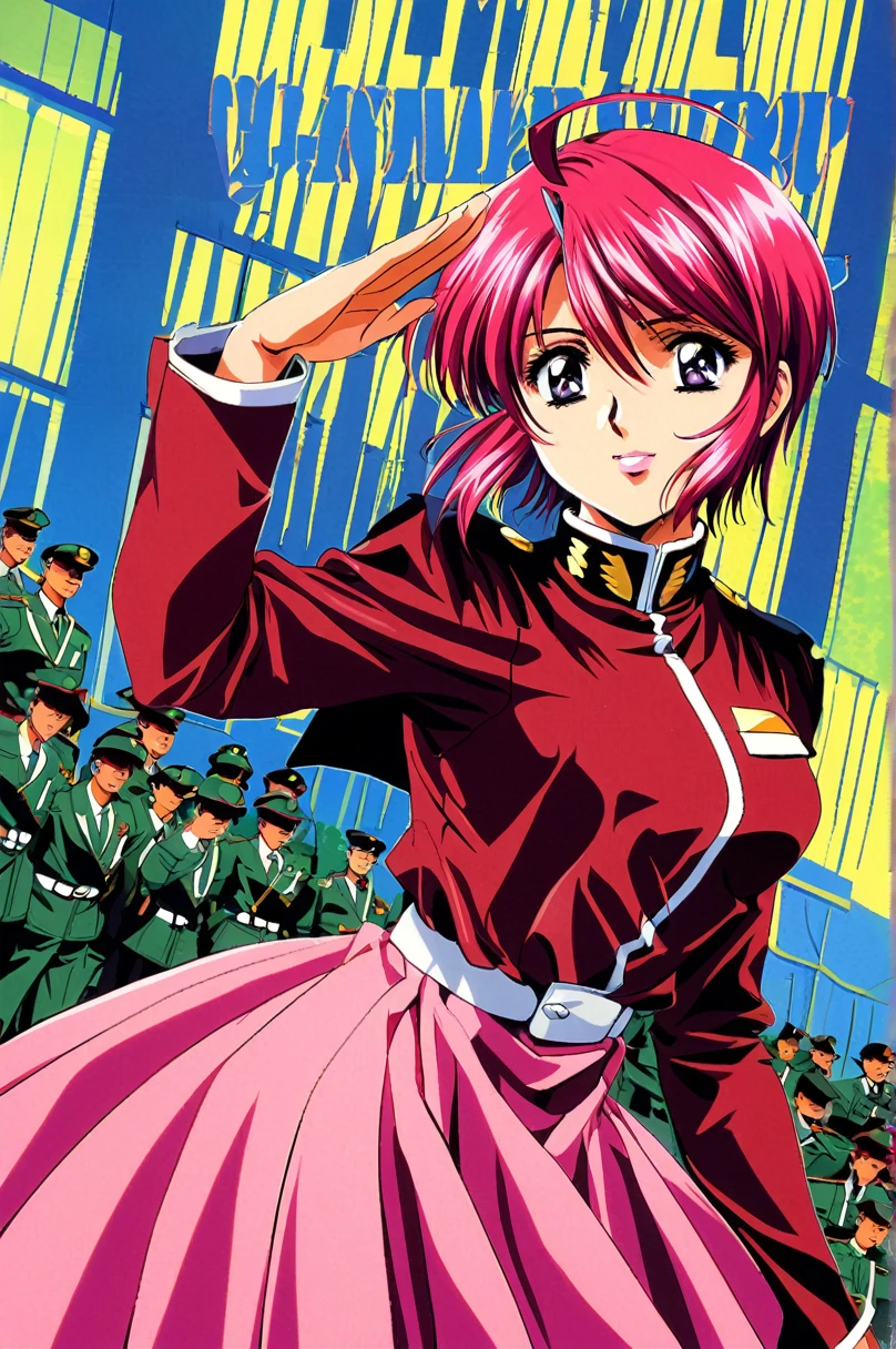 Lunamaria Hawke,One girl,alone,uniform,pink skirt,short hair,army uniform,army,skirt,Long sleeve,Ahoge,belt,Purple eyes,Pink Hair,Redhead,blue eyes,Lips parted,View your viewers,salute,A light smile,1990s \(style\),retro artstyle,