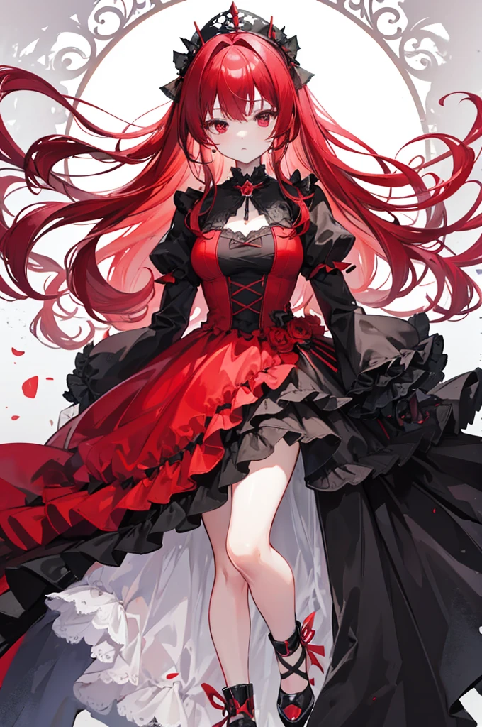 red hair, red eyes, red ruffle dress, black trim on dress, black gloves and shoes, big black ribbon above head, wavy hair