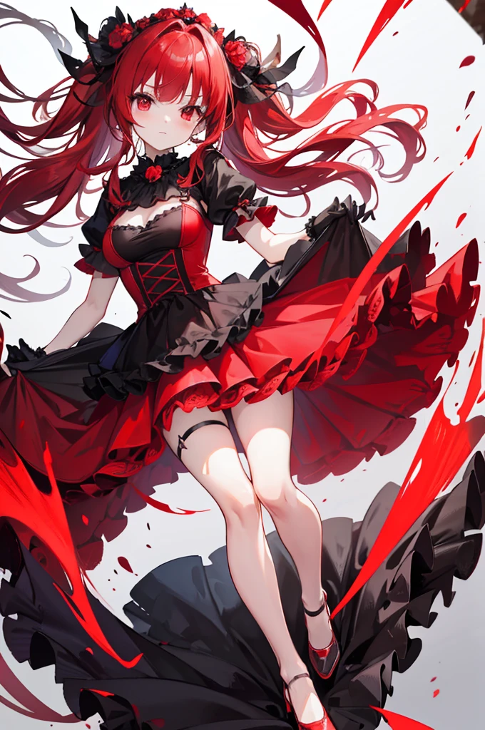 red hair, red eyes, red ruffle dress, black trim on dress, black gloves and shoes, big black ribbon above head, wavy hair