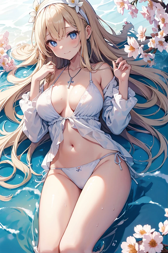 ((girl kawaii)), a extremely delicate and beautiful girl, beautifully painted, cute, sense of digital, best detailed girl, lying on the lake, wet, girl, young, long hair blown up, Hair with flower, (blond hair), cute face, (smile), complex details beautiful and delicate eyes, closed mouth, (large breasts), thighs, pale blue eyes, white skin, hairband, cross necklace, Bracelet, (white bikini), cardigan, white Clothes, (beach),( beautiful blue sky and white clouds), bloom effect, (((wallpaper 8k CG))), ((absurdres)), masterpiece,