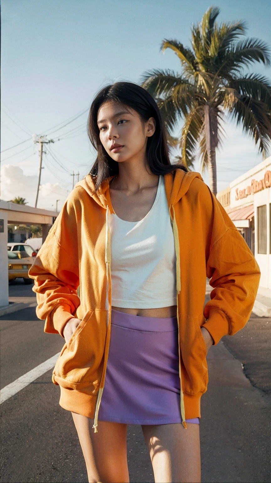 long shot portrait of cute 23 yo girl ,wearing ((orange color oversized_hoodie)), wear ((purple tennis skirt)),looking front,Best Quality,Masterpiece,Ultra High Resolution,Original Photo, 1Girl, light leak,ultra high resolution,UHD,beautiful, (black bob hair), almond eye, no makeup, in front of ((80's abandon gas station)), (realistic:1.2),(very detailed:1.1), ((masterpiece)),summer, blue sky, palm trees,sunny, los angles vibes,film camera, 800mm lens,style of Philip Lorca diCorcia