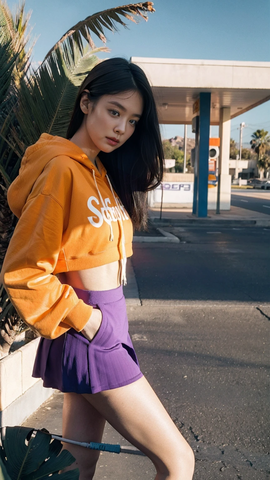 long shot portrait of cute 23 yo girl ,wearing ((orange color oversized_hoodie)), wear ((purple tennis skirt)),looking front,Best Quality,Masterpiece,Ultra High Resolution,Original Photo, 1Girl, light leak,ultra high resolution,UHD,beautiful, (black bob hair), almond eye, no makeup, in front of ((80's abandon gas station)), (realistic:1.2),(very detailed:1.1), ((masterpiece)),summer, blue sky, palm trees,sunny, los angles vibes,film camera, 800mm lens,style of Philip Lorca diCorcia