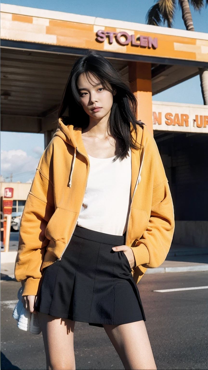 long shot portrait of cute 23 yo girl ,wearing ((orange color oversized_hoodie)), wear ((purple tennis skirt)),looking front,Best Quality,Masterpiece,Ultra High Resolution,Original Photo, 1Girl, light leak,ultra high resolution,UHD,beautiful, (black bob hair), almond eye, no makeup, in front of ((80's abandon gas station)), (realistic:1.2),(very detailed:1.1), ((masterpiece)),summer, blue sky, palm trees,sunny, los angles vibes,film camera, 800mm lens,style of Philip Lorca diCorcia