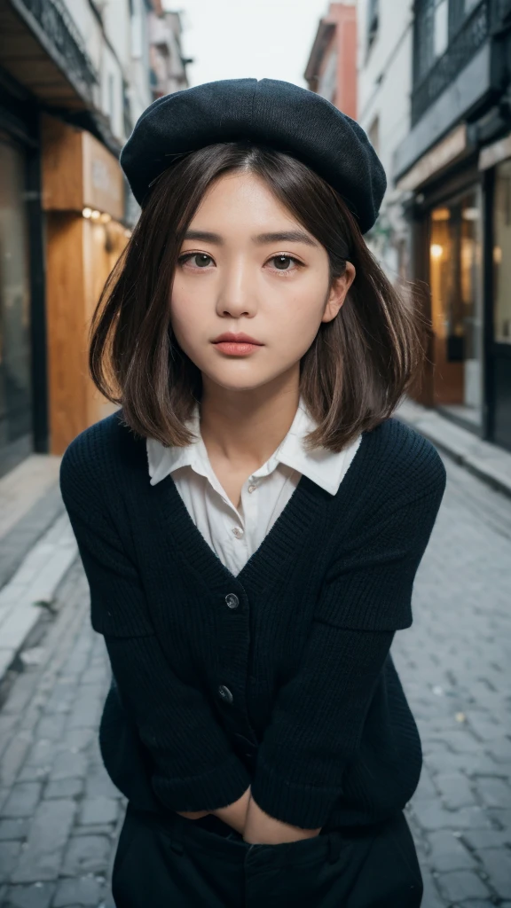 ((best quality, 8k, masterpiece: 1.3)), (Newsboy hat: 1.3), Concentrate upon: 1.2, perfect body beauty: 1.4, hip: 1.2, (layered haircuts: 1.2)), (dark street: 1.3), Highly detailed face and skin texture, whole body, good eyes, double eyelid, White skin, long hair, (round face: 1.5), Bratop, Loose white shirt,shorts: 1.6)