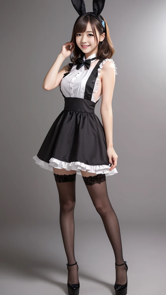 Bunny girl in maid outfit:1.5，Wearing black tights:1.5，The best smile:1.5，Full Body Shot:1.5，Gray background:1.5，Wearing black high heels:1.5，Short hair with side waves:1.5，