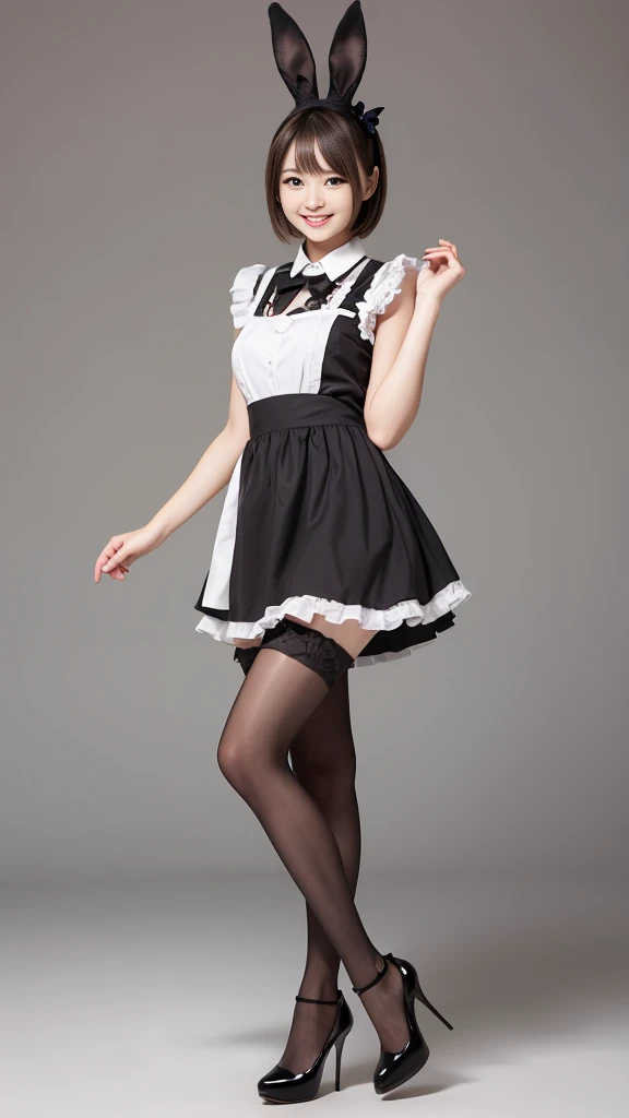 Bunny girl in maid outfit:1.5,Wearing black tights:1.5,The best smile:1.5,Full Body Shot:1.5,Gray background:1.5,Wearing black high heels:1.5,Short hair with side waves:1.5,