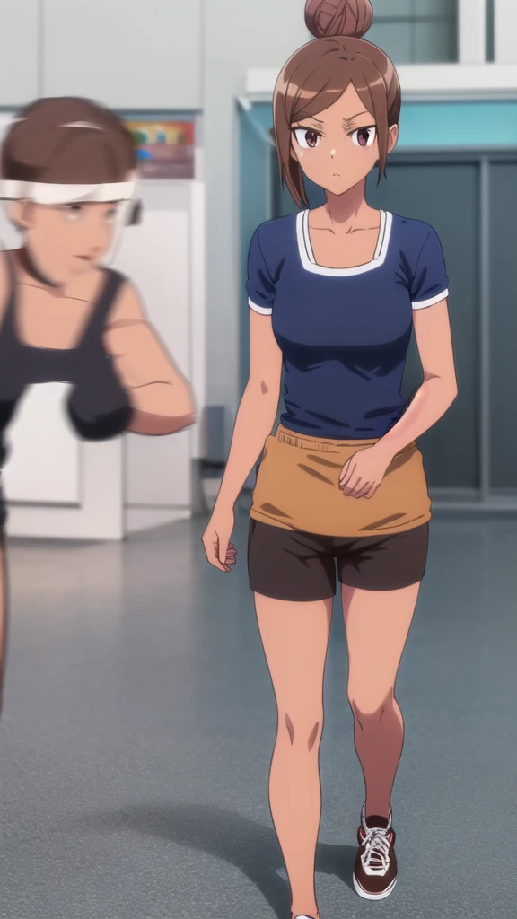 an anime woman with brown hair in dolphin pants being tackled by two old men, ((old man)),1girl, hetero, multiple boys, breasts, fingering, navel, sports bra, short hair, midriff, cleavage, from side,hand in panties,sobbing through one's tearst,arms grab