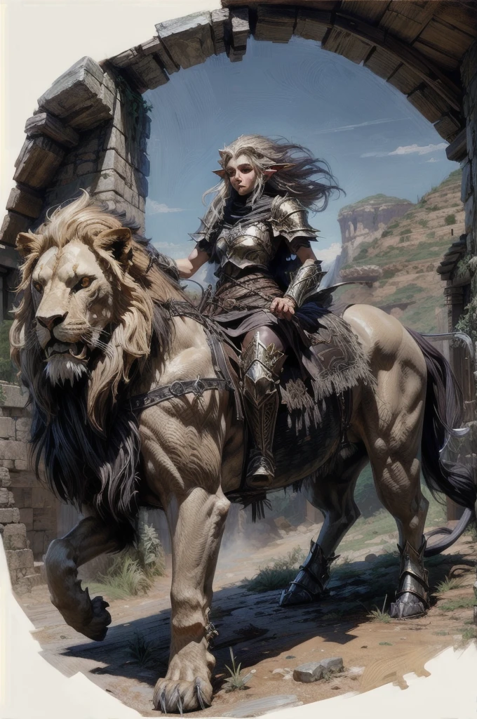 fantasy, a  elf paladin girl riding large long mane lion. oil painting, 3dmm