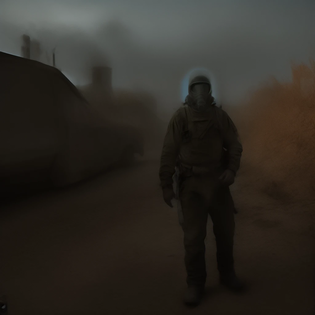 Draw me a logo of a character from the game S.T.A.L.K.E.R standing infront of Chernobyl holding a ak-74 with a GP-5 gas mask with russian vehicles behind him