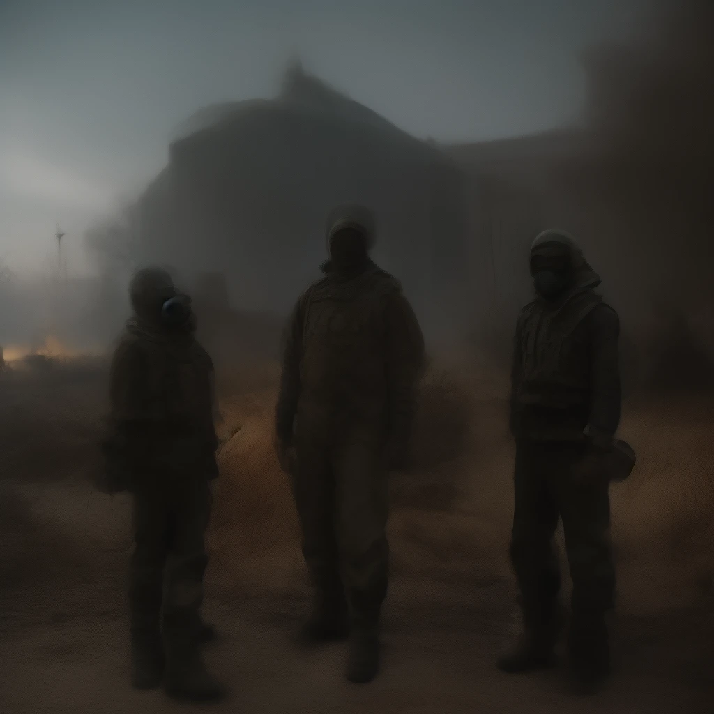 Draw me a logo of a character from the game S.T.A.L.K.E.R standing infront of Chernobyl holding a ak-74 with a GP-5 gas mask with russian vehicles behind him