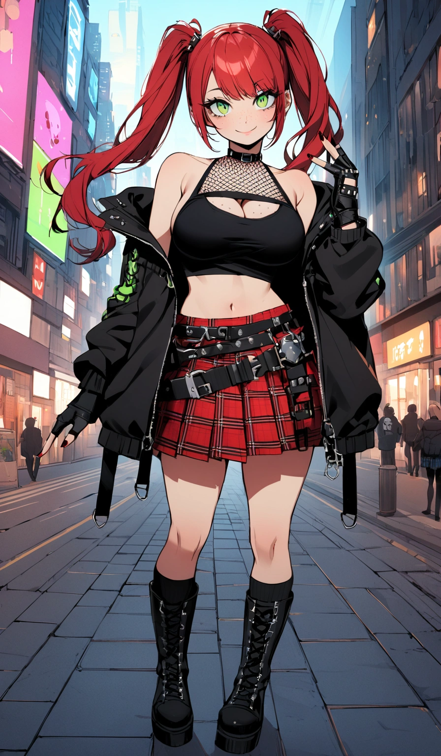 woman, smile, curly red hair in pig tails, green eyes, eye shadow, wearing crop top black shirt, long black jacket, red plaid skirt, (black knee high boots), black finger-less gloves, exposed shoulders, large breasts, freckles, cleavage, fishnet undershirt, looking at viewer, Holo-Punk Style, in the city