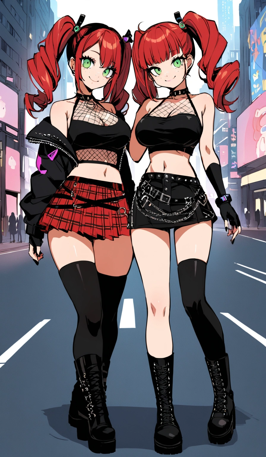 woman, smile, curly red hair in pig tails, green eyes, eye shadow, wearing crop top black shirt, long black jacket, red plaid skirt, (black knee high boots), black finger-less gloves, exposed shoulders, large breasts, freckles, cleavage, fishnet undershirt, looking at viewer, Holo-Punk Style, in the city