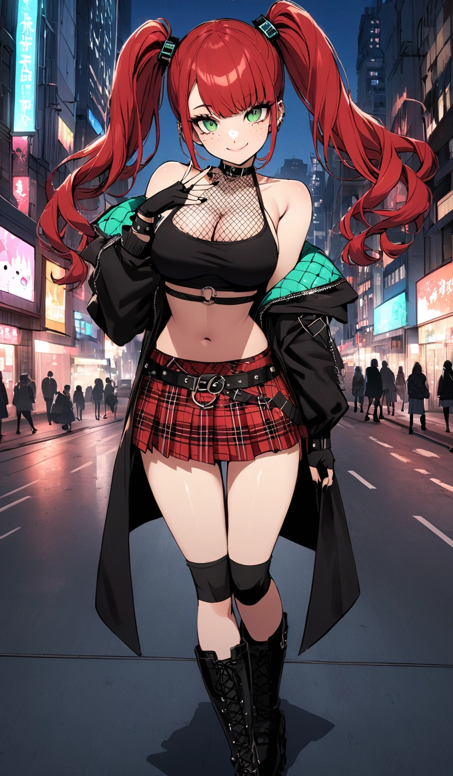 woman, smile, curly red hair in pig tails, green eyes, eye shadow, wearing crop top black shirt, long black jacket, red plaid skirt, (black knee high boots), black finger-less gloves, exposed shoulders, large breasts, freckles, cleavage, fishnet undershirt, looking at viewer, Holo-Punk Style, in the city