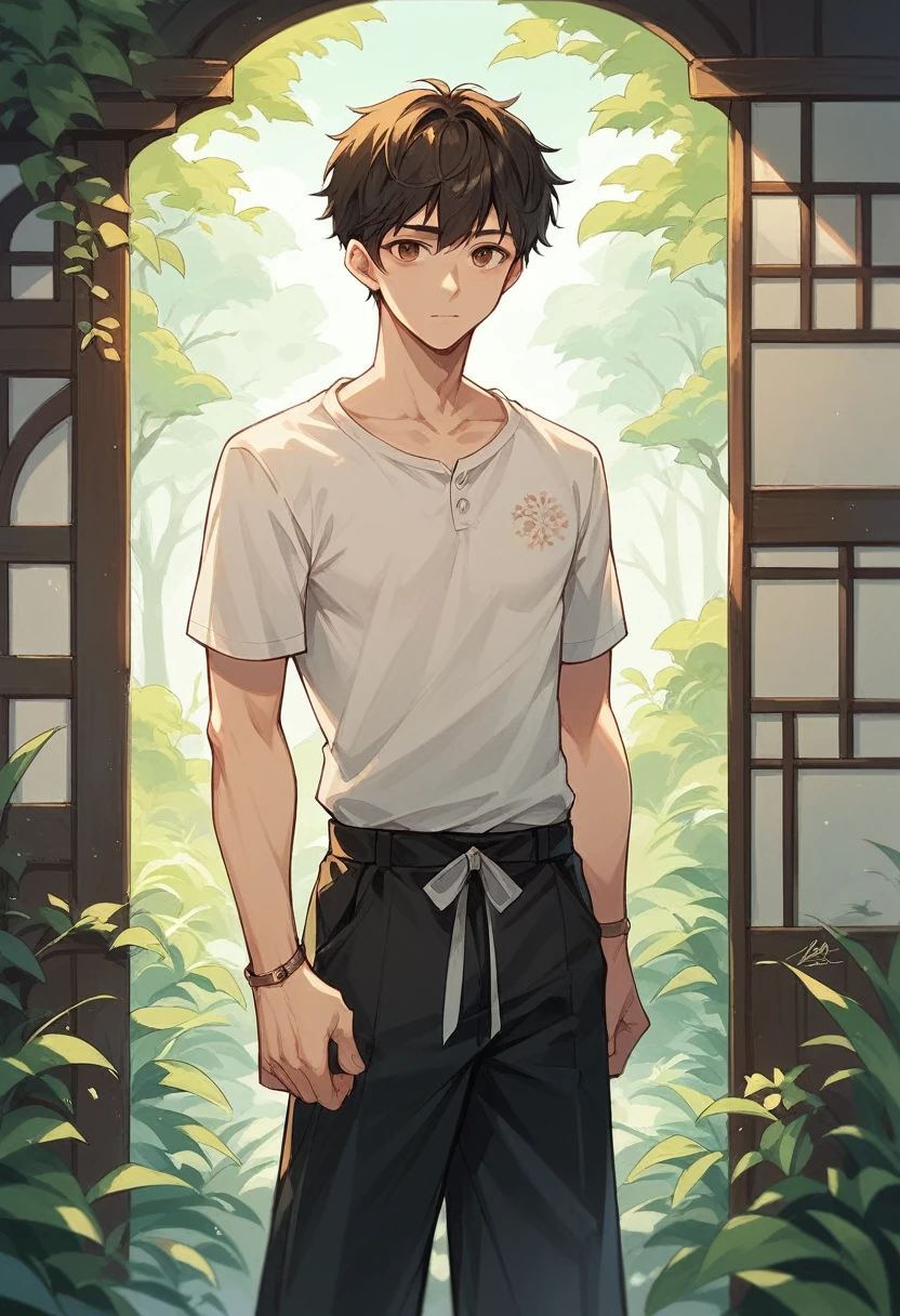 Strong Chinese boy, Black short hair, Brown eyes, wearing a summer dress, stand up